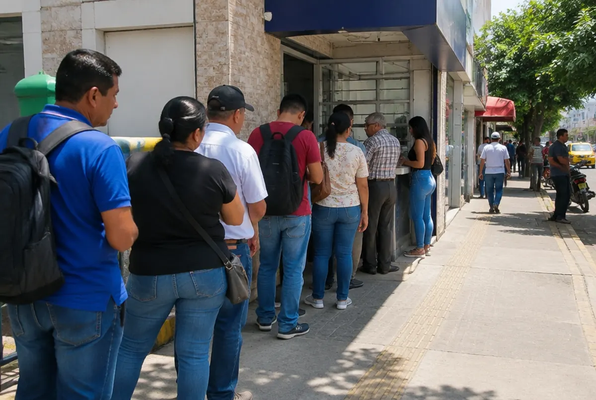 Personas haciendo fila frente a una casa de cambio en Cúcuta para enviar dinero a Venezuela