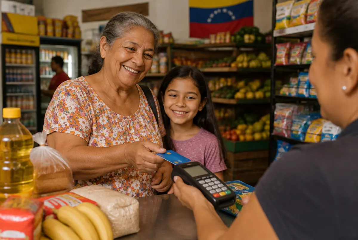 Abuela y nieta en Venezuela hacen mercado pagando con tarjeta gracias al giro recibido