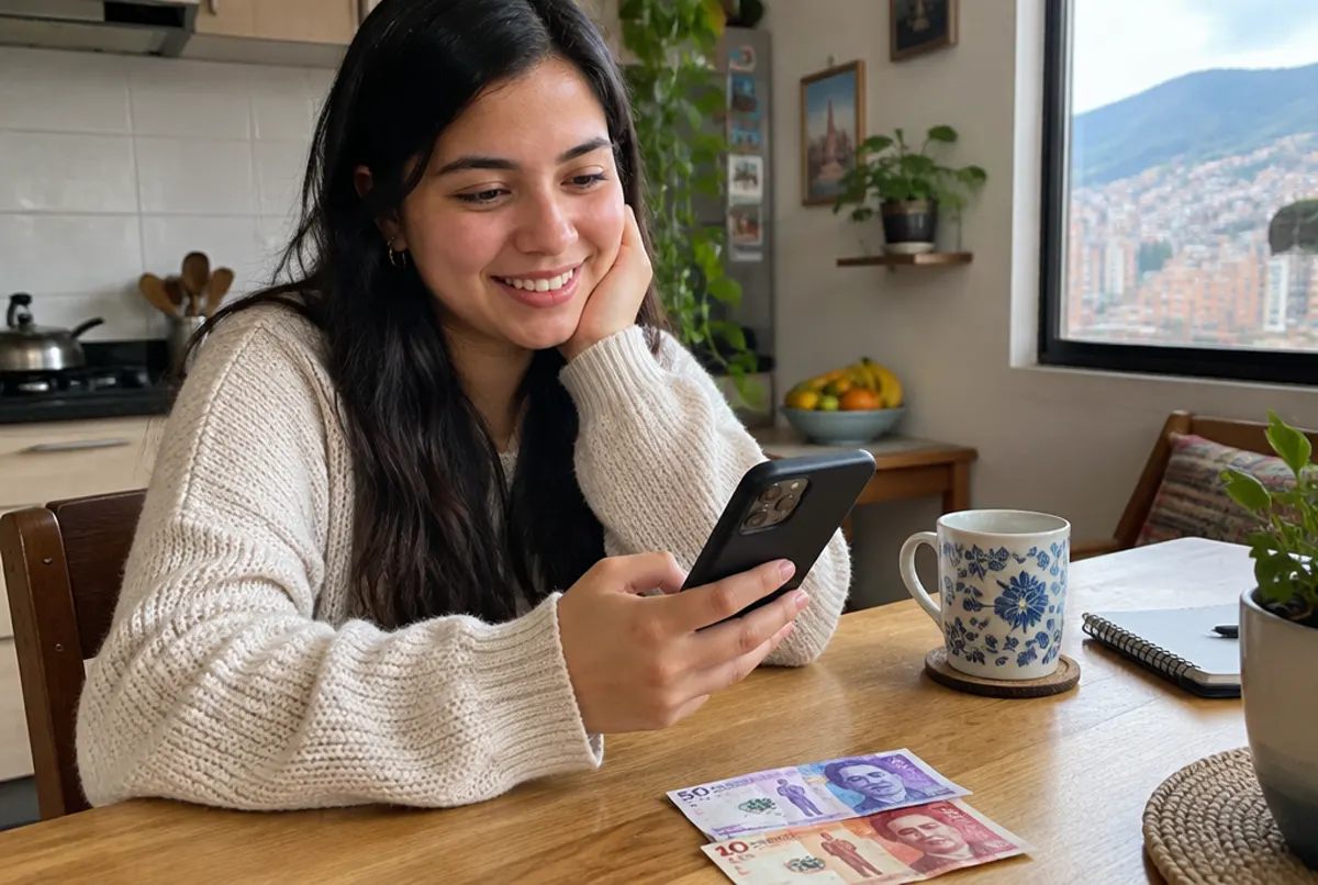 Joven venezolana en Bogotá calcula en su celular cuántos bolívares son sus pesos colombianos