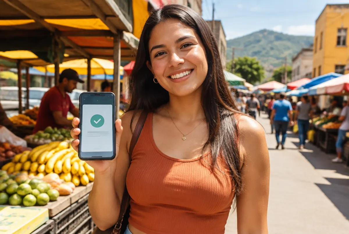 Joven en Venezuela feliz al recibir en su celular un Pago Móvil enviado desde Colombia
